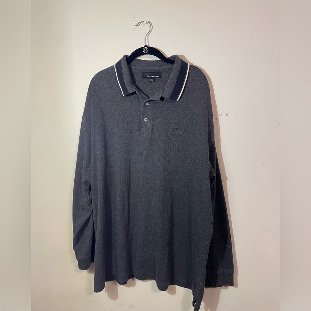 Greg Norman long sleeve polo Charcoal Gray textured‎ Cotton Mens XXL white trim